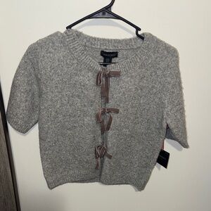 Cynthia Rowley Heather Gray Short-Sleeve Knit Cardigan with Velvet Brown Ties